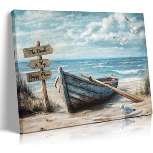 BHSUUHIT Nautical Boat on Beach Wall Art Coastal Painting Wall Decor Ocean Seagull Seascape Canvas Posters Sea Bird Farmhouse Prints pictures for Seashore Bathroom Bedroom Living Room(16x12in Canvas)