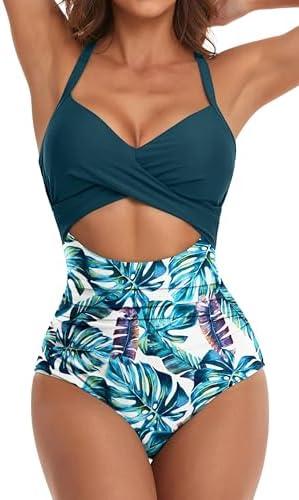 Eomenie Women's One Piece Swimsuits Tummy Control Cutout High Waisted Bathing Suit Wrap Tie Back 1 Piece Swimsuit,20 W