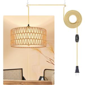 13'' Gold Plug in Pendant Light, Boho Dimmable Hanging Lamp with Rotary Dimmer Switch & 15ft Cord, Rattan & Fabric 2-in-1 Shade, Farmhouse Pendant Lights Kitchen Island Living Room Bedroom, ETL Listed