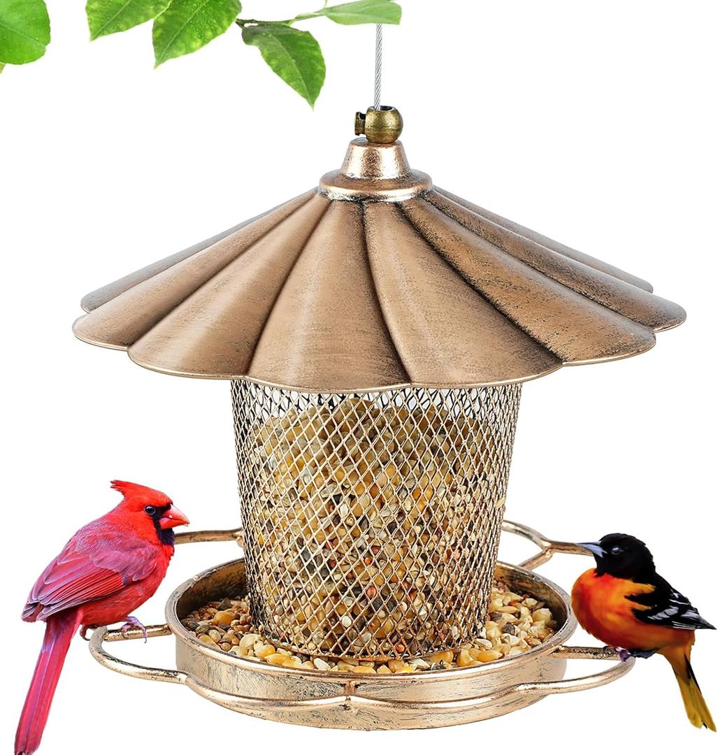 LBTING Bird Feeder for Outdoor, Squirrel Proof Metal Wild Bird Feeder for Hanging Outside Garden Yard Decoration, Flower Petals Shaped with Roof