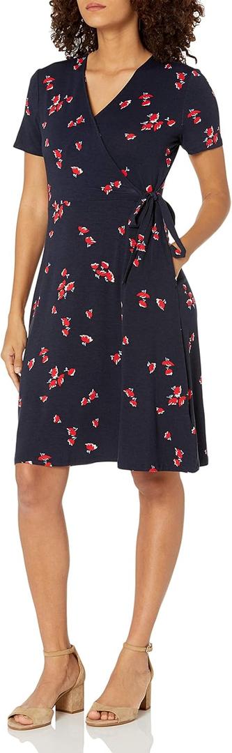 Amazon Essentials Women's Short Sleeve Faux-Wrap Dress (XX-Large, Navy Red Flowers)