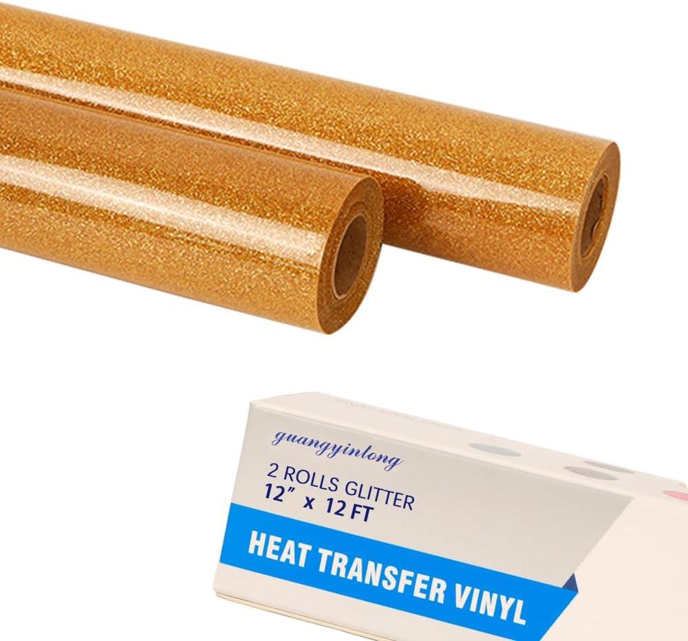 guangyintong Glitter Gold Heat Transfer Vinyl HTV Rolls, 2 Rolls 12" x 12ft Iron on Vinyl for T-Shirts Glitter Gold HTV Vinyl for All Cutter Machines Easy to Cut