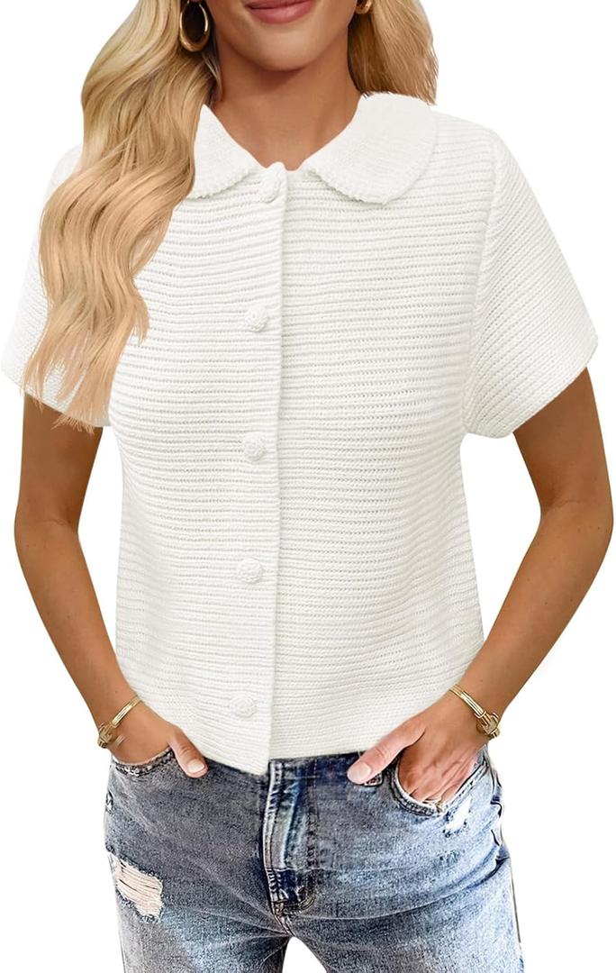 Saodimallsu Womens Short Sleeve Cropped Cardigans Casual Summer Button Down Collared Lightweight Loose Knit Sweater Top (White, Medium)