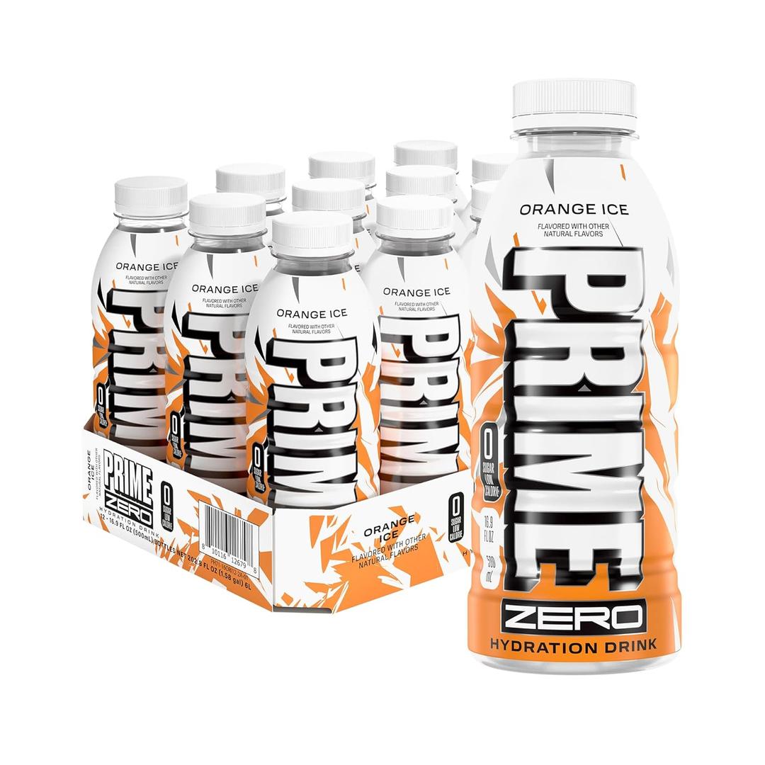 PRIME ZERO ORANGE ICE, Sugar Free Sports Drinks, Electrolyte Enhanced to Replenish Fluids, B Vitamins, Antioxidants, Low Calorie, Made with Natural Flavors, 16.9 Fl Oz 12 Pack (EXP 05/09/27)