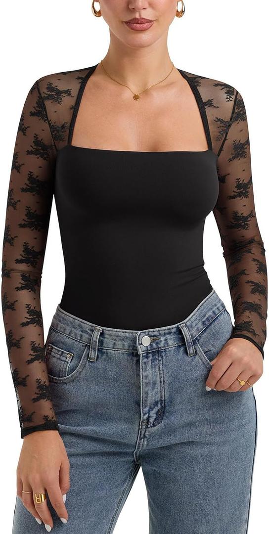 PINKMSTYLE Women Sexy Square Neck Lace Long Sleeve Tops Slim Fit Double Lined Trendy Y2K Going Out Fall Shirts (Medium, Black)