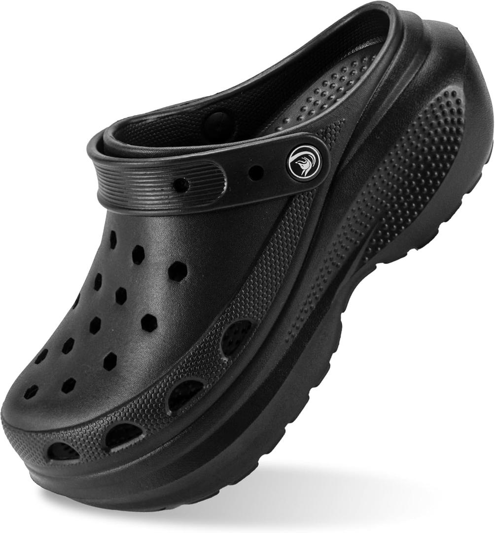 PIMIO Women's Platform Clog, Non-Slip Slip-On Garden Shoes with Arch Support Removable Cushion Footbed Comfortable Beach Outdoor Sandal Slippers for Women All-Black (Black), Size Men 6, Women's 8