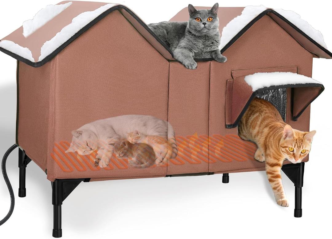 Extra Large Heated Cat House for Outside, Elevated Waterproof Outdoor Cat House Weatherproof for Winter, Insulated Outdoor Cat Shelter with Escape Doors and Heating Pad for Multiple Cats, Brown