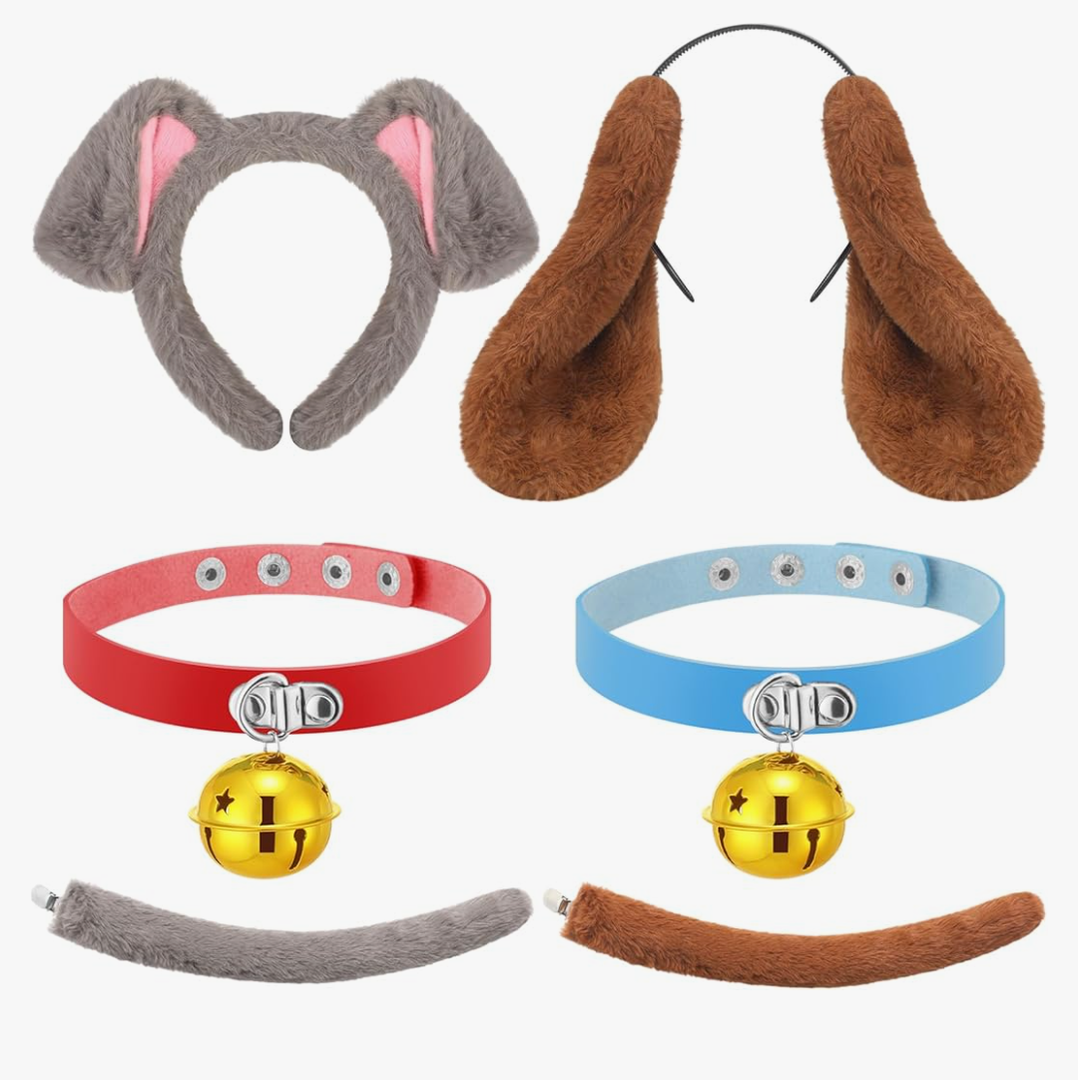 Crowye 6 Pcs Couple Halloween Brown Grey Dog Costume Accessories Long Ear Headband Grey Dog Headband 2 Red Blue Collars 2 Tails for Women Men Cosplay Party Dress up