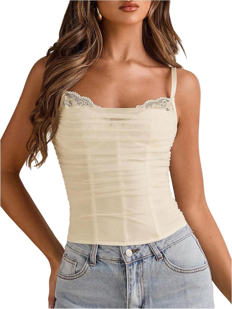MakeMeChic Women's Lace Corset Top Spaghetti Strap Bustier Y2k Going Out Crop Top Apricot Large