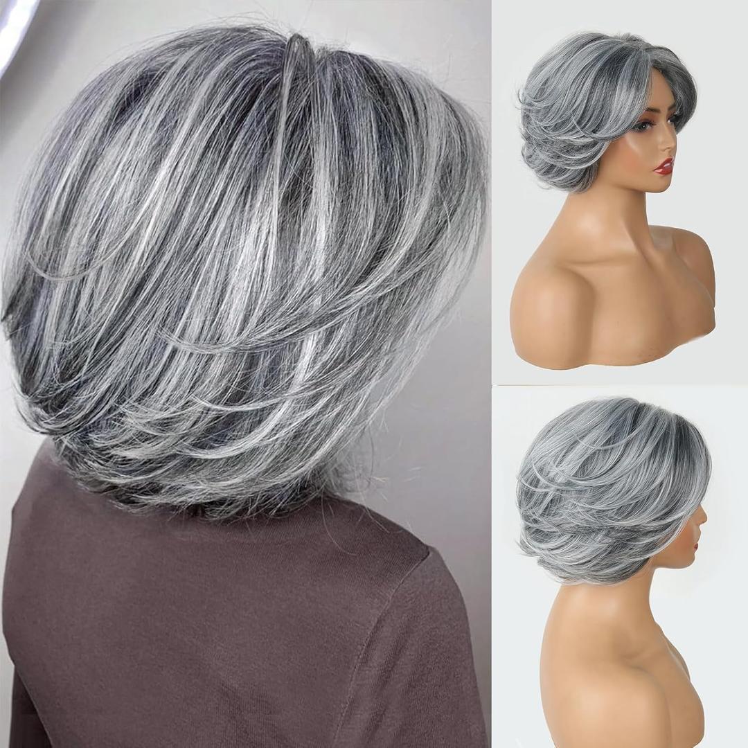Aisaide Highlight Silver Gray Layered Bob Wig with Curtain Bangs for Women Synthetic Light Grey Highlight Bob Wig Short Grey Layered for Black Women(Silver Gray Mixed Light)
