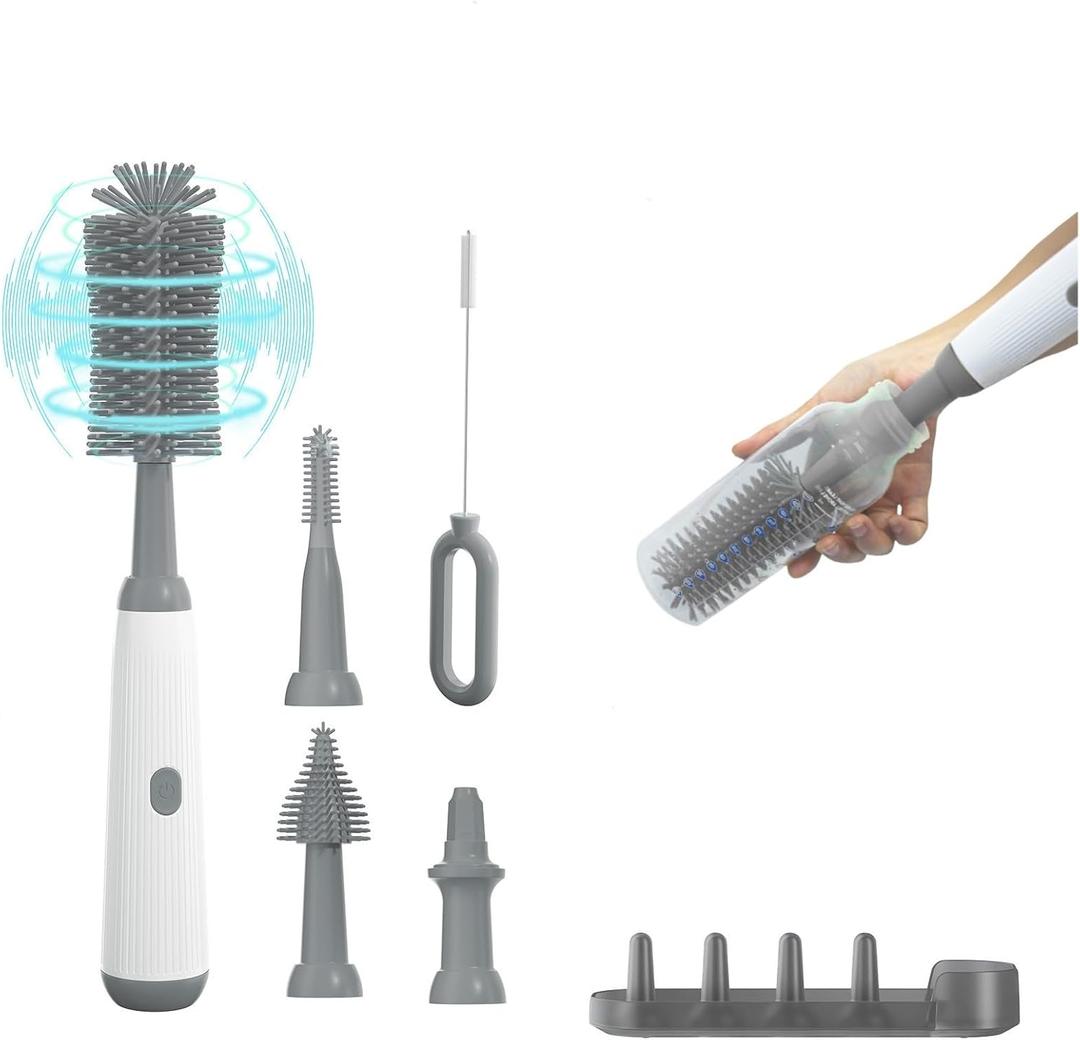 Electric Baby Bottle Brush Cleaner with Extended Handle & Drying Holder, Baby Bottle Brush Set with Silicone Bottle/Nipple/Crevice/Brush,Straw Cleaner,Lifesaver Automatic Bottle Cleaner,Gray (Gray White)