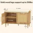 Akxomel Rattan Shoe Storage Bench with Cushion, 2-Tier Entryway Bench with Adjustable Shelves and 2 Doors, 15" D x 31.5" W x 20" H, Solid Wood Legs, for Hallway, Living Room, Bedroom, Natural Oak