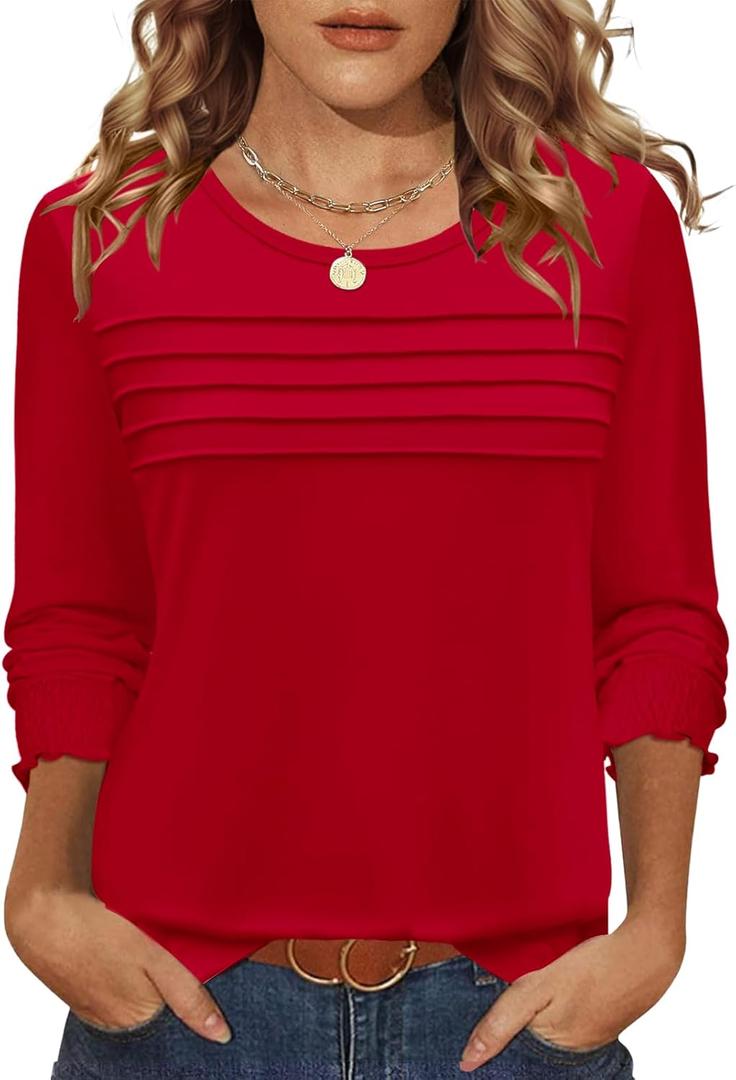 LOMON Women Tops Long Sleeve Blouses Dressy Casual Crewneck Pleated Tunic Shirts 2026 Loose Fashion Clothes (Red, M)