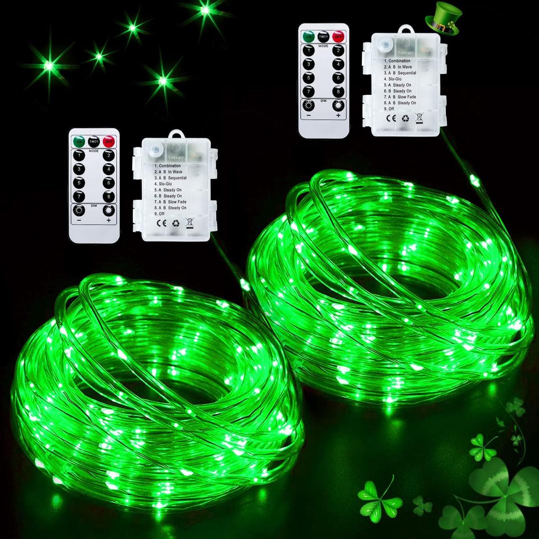 JMEXSUSS 2 Pack Green Lights Battery Operated String Lights Outdoor Waterproof, Total 200LED 66ft Battery Powered Rope Lights with Remote, Green Lights for St Patricks Day Decorations