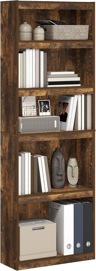 Furinno JAYA Book Shelf, 5-Tier Bookshelf, Enhanced Home Bookcase with Adjustable Shelf, 9.5" x 24.5" x 71.1", for Organization and Storage, for Living Room, Bedroom, Home Office, Amber Pine