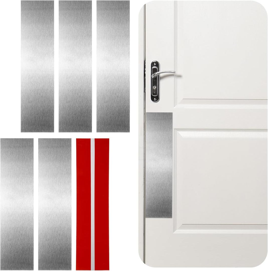 6 Pcs Door Scratch Protection Plate Door Metal Kick Plate 4" x 16" Self Adhesive Stainless Steel No Drill Kickplate for Interior, Exterior Doors, Sliver