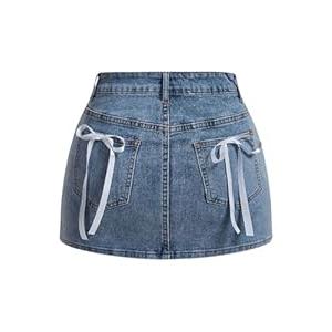 MakeMeChic Women's Denim Skirt High Waist Bow Pocket Bodycon Y2K Mini Jean Skirts Medium Wash Small