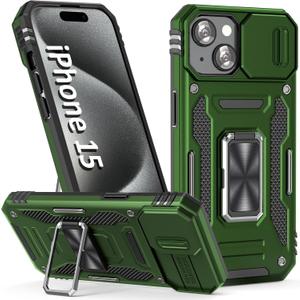 Case for iPhone 15 Phone Case iPhone 15 Case with Slide Camera Cover, with Finger Ring Holder Stand, fit Magnetic Car Mount, for iPhone 15 (Olive Green)