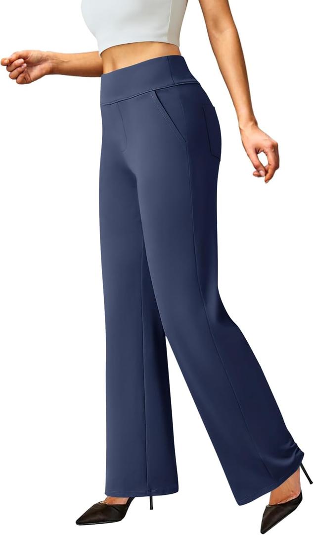FireSwan Womens Dress Pants Stretchy Wide Leg Work Pants Business Casual Trousers Pull On Office Slacks with 4 Pockets, S