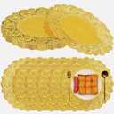 Gueevin 200 Pcs Gold Paper Placemats Disposable Lace Round Paper Placemats Decorative Disposable Placemat Doilies for Dining Wedding Table Decoration Festive Party Birthday Holiday (Gold,12 Inch)