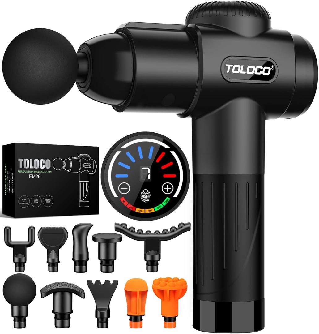 TOLOCO Massage Gun, Deep Tissue Back Massage for Athletes for Pain Relief, Percussion Massager with 10 Massage Heads & Silent Brushless Motor, Mother's Day Gifts for Mom, Black