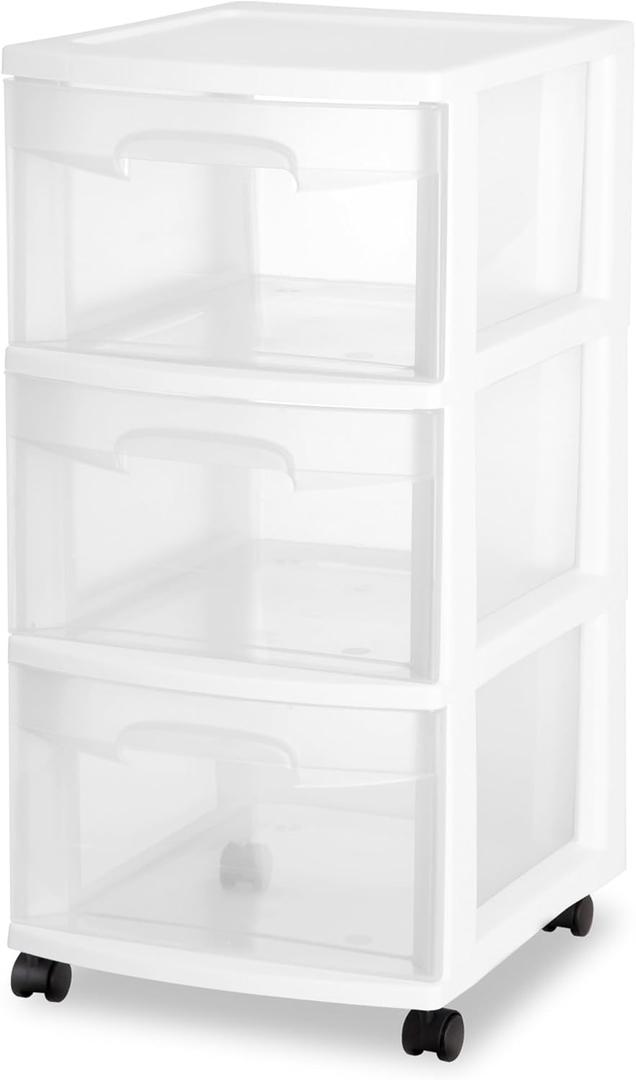 Sterilite 2 Pack Plastic Storage Organizer, 3 Drawer Rolling Bin Cart, Closet Organization, White