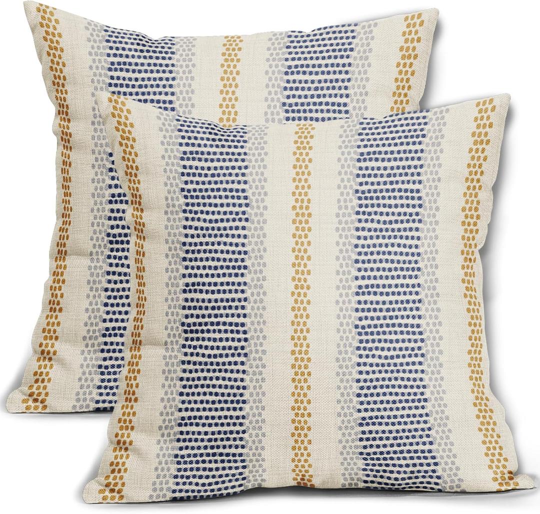 Blue Yellow Pillow Covers 18x18 Set of 2 Gray Grey Dot Print Striped Decorative Throw Pillows Outdoor Boho Rustic Pillowcase Farmhouse Linen Cushion Case Decor for Home Sofa Couch Bed