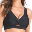 RELLECIGA Womens Bikini Top Push Up Padded Swim Top V Neck Bathing Suit Tops (Large, Black)