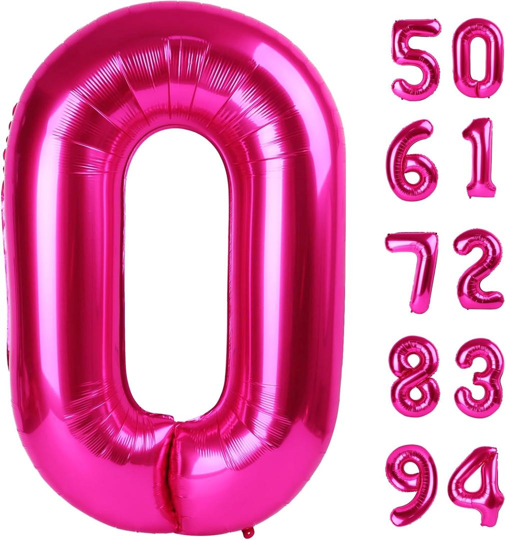 Hot Pink Number Balloon 40 Inch, 0 Number Balloons, 10 20 30 40 50 Numbers Balloon Birthday Decorations, Pink Party Supplies for Women
