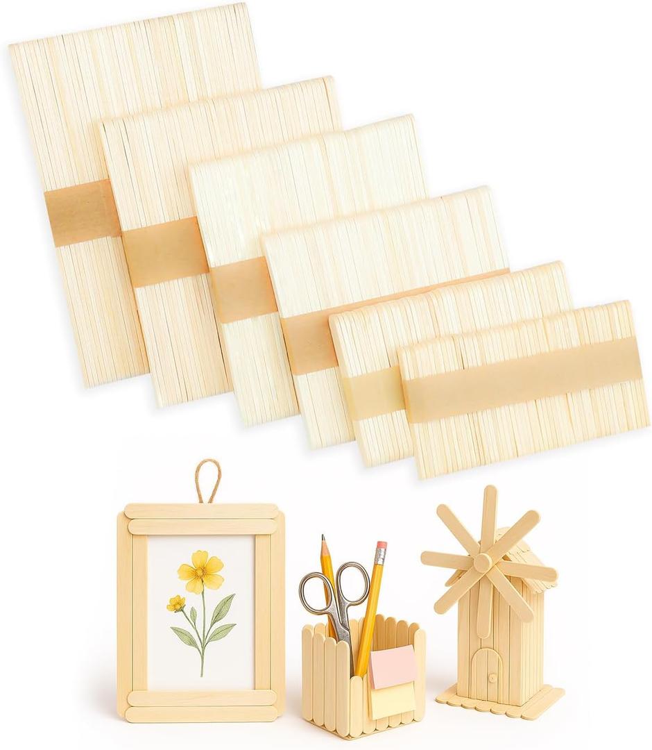 6 Mixed Sizes 300 Pcs Popsicle Sticks for Crafts Ice Cream Sticks Craft Sticks Bulk, Jumbo Popsicle Sticks Small Popsicle Sticks Mini Popsicle Sticks, Wooden Sticks for Crafts & Waxing Sticks