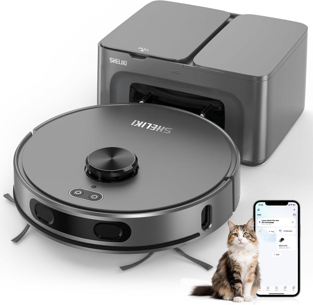 SHELIKI Robot Vacuum and Mop Combo, 3-in-1 Robotic Vacuums Cleaner with 70-Day Self-Emptying Base, LiDAR Navigation Smart Mapping & Strong 6000Pa Suction, for Pet Hair, Hard Floor, Carpet (Gray)
