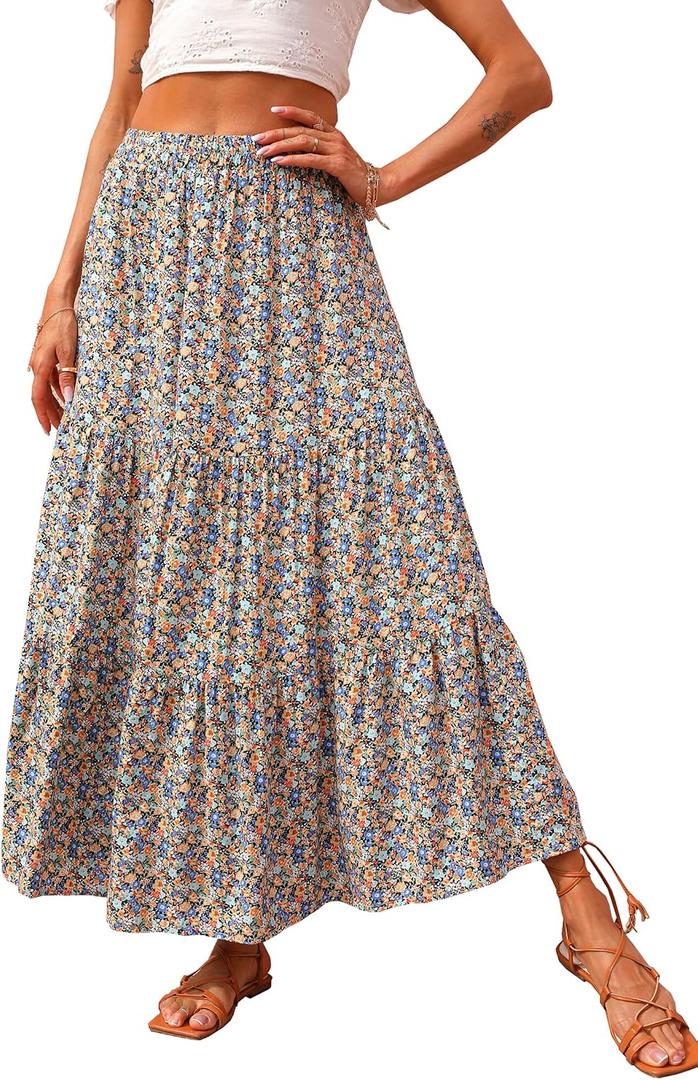 KIRUNDO Maxi Skirts for Women 2026 Summer Boho Floral High Waist Casual Flowy Long Skirt Beach Vacation Cruise Resort Wear (M)