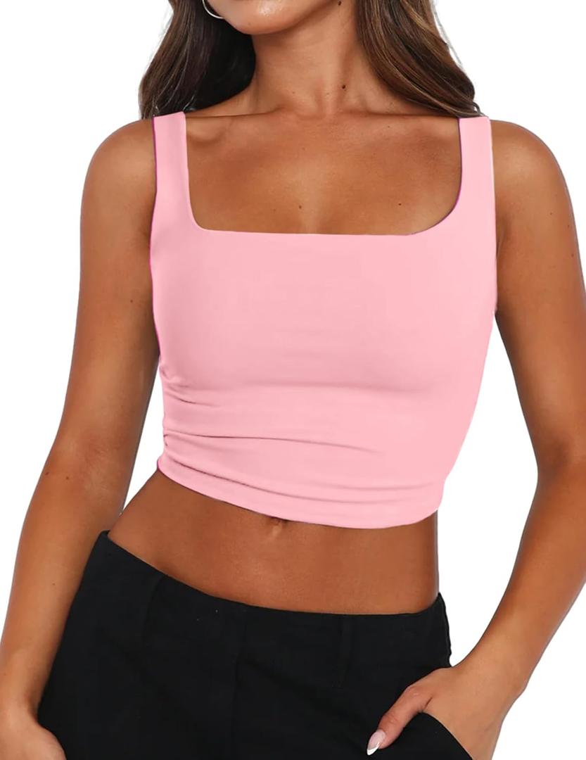 Zeagoo Women's Square Neck Sleeveless Crop Tops 2026 Cute Double Layer Casual Slim Fit Trendy Tank Tops Small (Baby Pink)