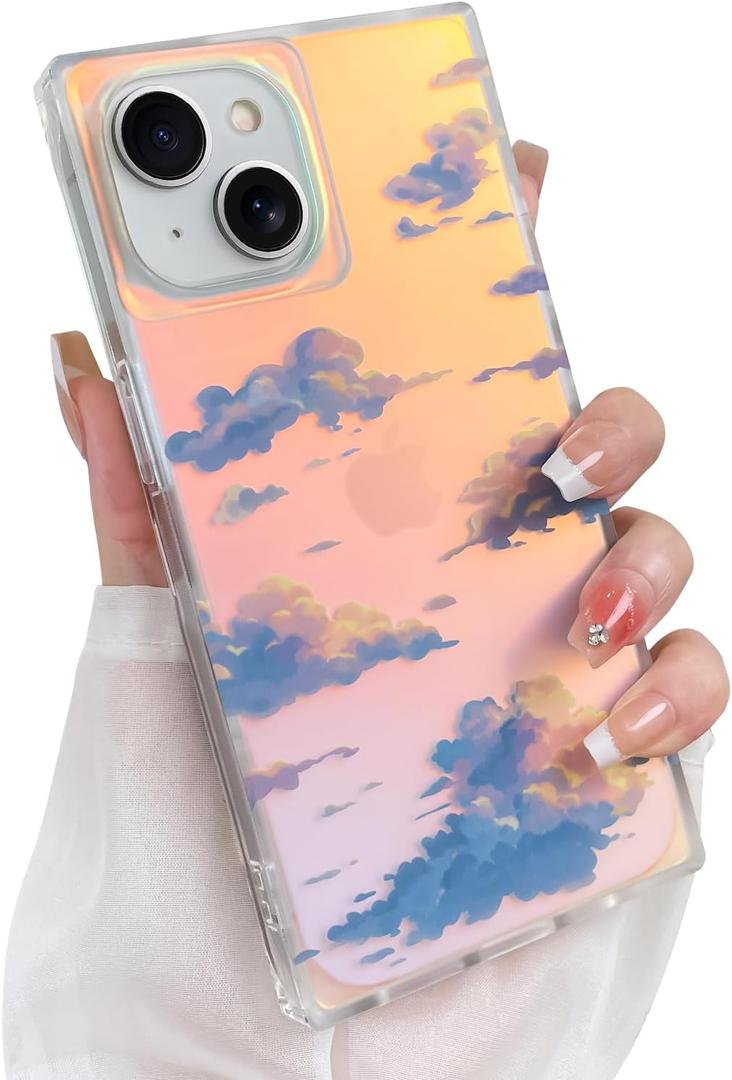 Cute Case for iPhone 13 Case for Women Girls with Iridescent Cloud Pattern Design, Aesthetic Trendy Girly Matte Glitter Sparkly Rainbow Rectangle Protective Phone Cover, Sun Set Sky