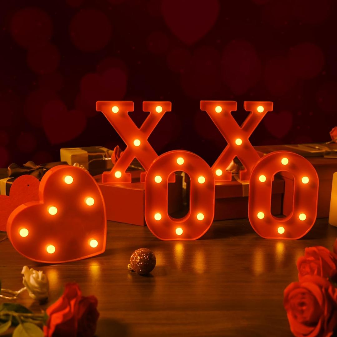 EDYCON 5Packs Valentine's Day Letter Lights Sign Table Decorations LED Light up Letters Battery Powered Letter for Home Party Bedroom Tabletop Fireplace Indoor Decor(XOXO Heart)