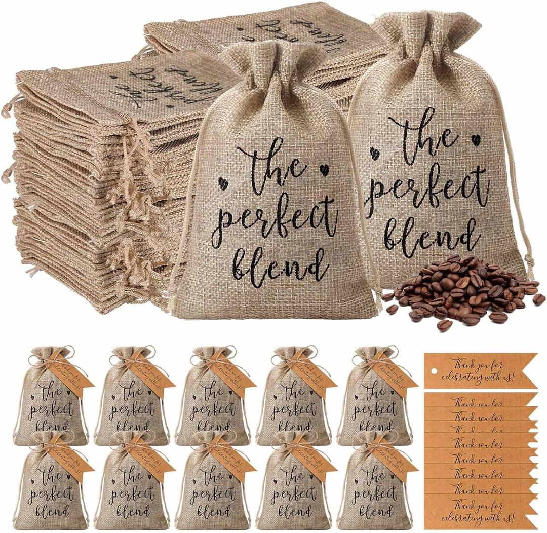Fumete 50 Sets Wedding Coffee Party Favors for Guests the Perfect Blend Coffee Bean Bags Kraft Thank You Cards Organizer Reusable Burlap Bag and Twine Bridal Shower Souvenirs Gift, No Beans