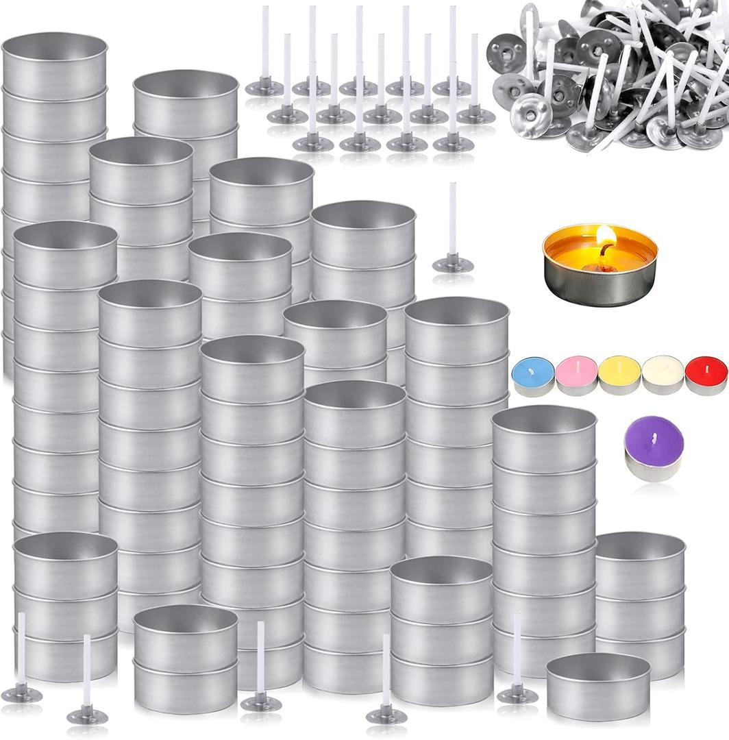 WFPLUS 100 Pcs Aluminum Tea Lights Cups, Empty Case Candle Wax Containers, Metal Tea Light Tins with 100 Pcs Candle Wicks Packaged in Carton Box, Candle Mold for DIY Candles Making Supplies