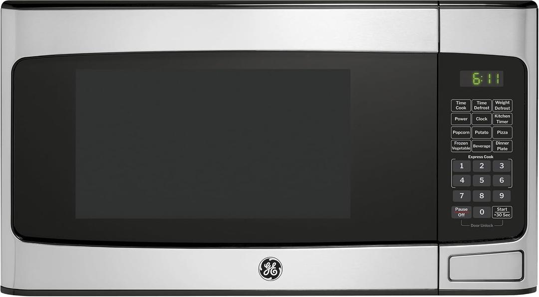 GE Compact Countertop Microwave Oven, 1.1 Cubic Ft., 950w Capacity, 6 Auto Cook Settings, Child-Lock Technology, Dorm Room, Apartment, Stainless Steel