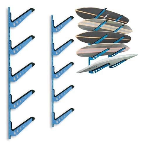 Multi Board Surf Rack Wall Mount for Surfboard, Wakeboard, Snowboard Storage, Adjustable Wall Hangers Boards Display (4 Level, Blue)