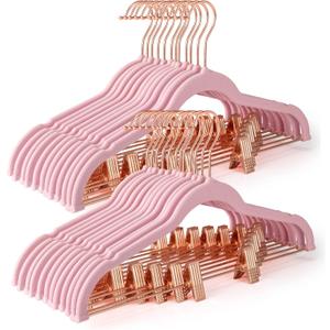 HOUSE DAY Velvet Skirt Hangers 24 Pack, Non Slip Pants Hangers with Rose Gold Clips, Ultra Thin Velvet Hanger Space Saving, Heavy-Duty Clothes Hanger for Trouser, Jeans, Dresses, Coats (Pink)