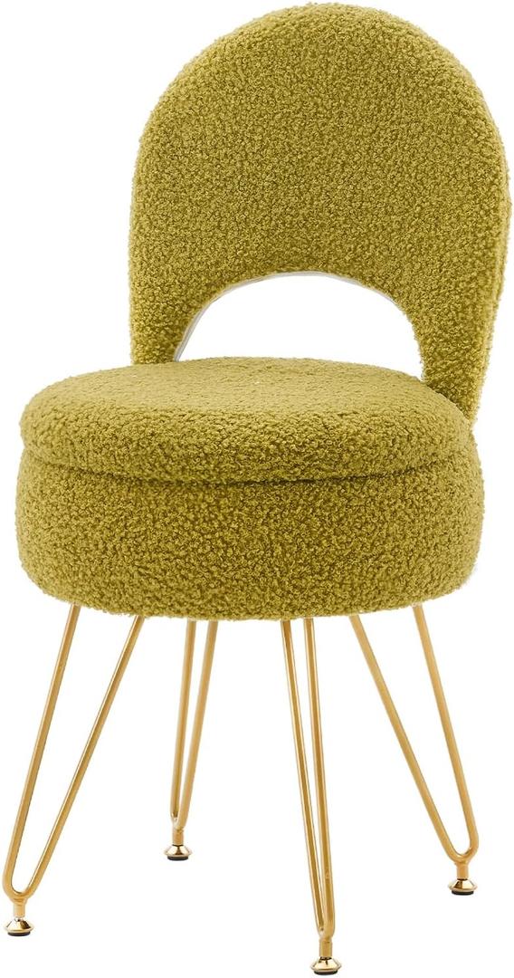 WROCFURSTAR Storage Ottoman Vanity Stool Chair with Folding Back Teddy Velvet Makeup Chair Multifunctional Upholstered Footstool,4 Metal Legs with Anti-Slip Feet for Bedroom Living Room Entryway (Green)