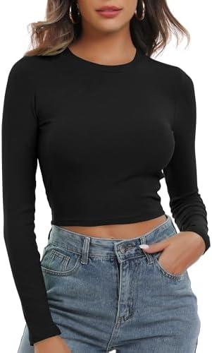 Artfish Women's Round Neck Long Sleeve Knit Ribbed Fitted Crop Top Casual Basic Shirts S