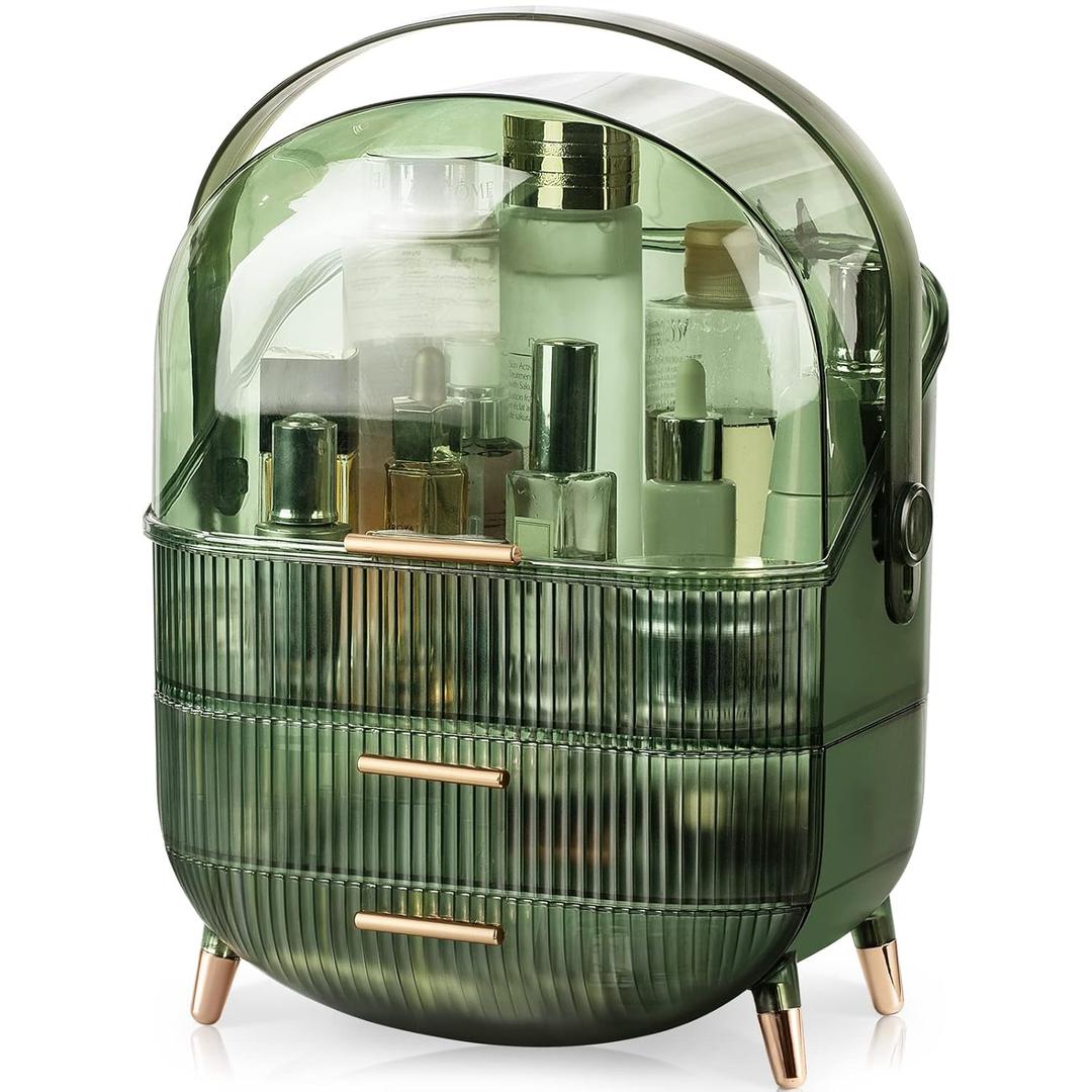 CANITORON Makeup Organizer,Large Capacity Skincare Organizer for Vanity,Cosmetic Organizer with 2 Drawers and Transparent Cover for Bedroom Countertop and Bathroom Countertop Storage(L, Green)