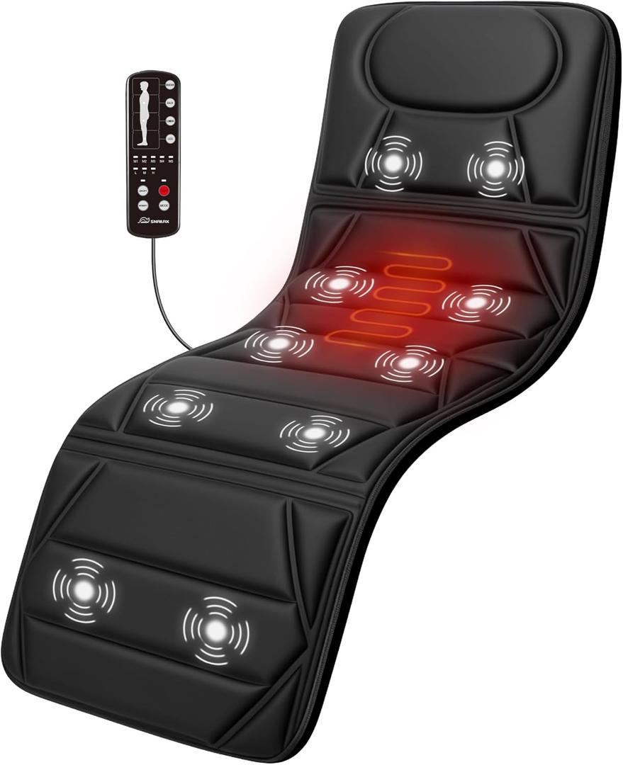 Snailax Massage Mat with Heat, Back Massage Pad for Bed, Chair, 10 Motors Vibrating Massage Mattress Pad with 2 Heating Pads for Back, Full Body Massager