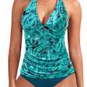 Yonique Womens Two Piece Swimsuits Tummy Control Tankini Plus Size Bathing Suit Halter V Neck Swimwear (Small, Green Paisley)