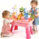 Upgraded 4-in-1 Sand Water Table for Toddlers 1-3, Kids Sensory Table with Electric Water Pump & Cloud Faucet, Play Kitchen Sink with Food Accessories, Fishing Toy Adjustable Height (Pink)