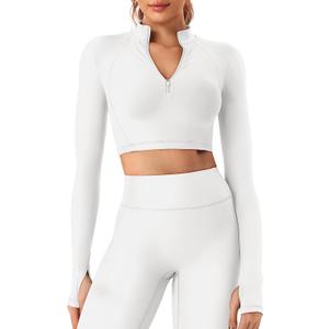 YEOREO Women Zip Up Long Sleeve Workout Crop Top Mock Neck Yoga Shirt (Small, White)
