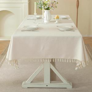 Nordic Beige Linen Tablecloth Rectangle, Heavy-Duty Fabric Spill-Resistant Table Cover, Elegant Drape Wrinkle Free Desktop Protector for Dining Room, Kitchen, Party, Farmhouse Decor
