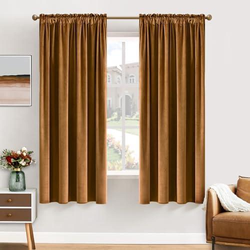 MIULEE Golden Brown Velvet Curtains Thermal Insulated Blackout Curtain Drapes for Bedroom Living Room Darkening 63 Inches Long Curtains Panels Rod Pocket Set of 2
