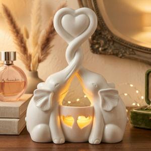 OakiWay Elephant Gifts for Women - Love Candle Holder Statue with Flickering LED for Couple - Ivory 14th Wedding for Her - Elephant Home Deco'r Valentine's Present